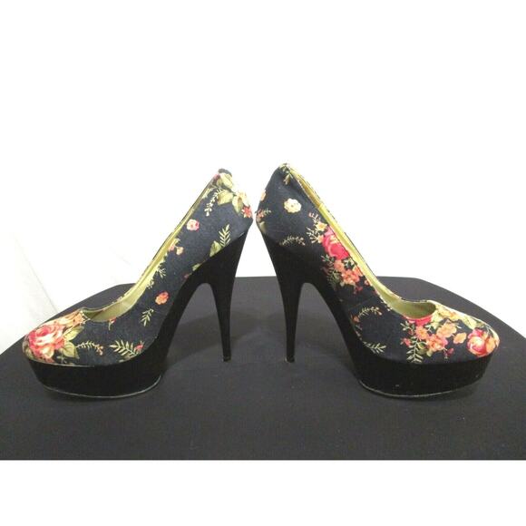 FRH Black Canvas Floral Pattern Platform Pumps Stiletto Heels Shoes Women Sz 8 - Picture 5 of 9